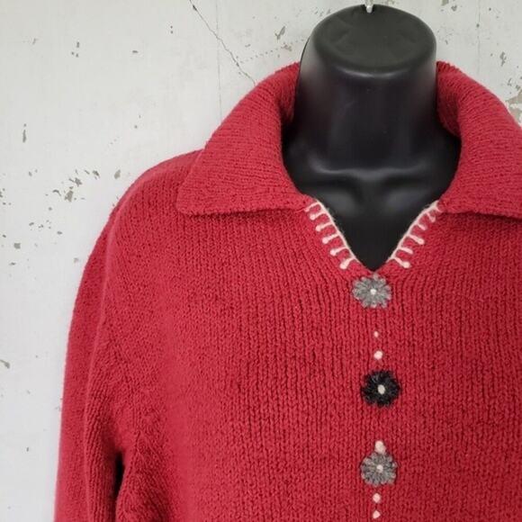 WOOLRICH Women's VINTAGE 90's Grandma V-neck Collar Red Sweater Size Large - Picture 2 of 9